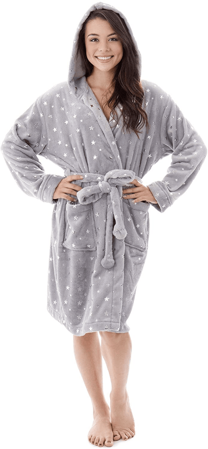 Womens Robe Luxurious Hooded Flannel Fleece Short Bath Robe with Side Pockets Apparel & Accessories > Clothing > Sleepwear & Loungewear > Robes Kylie Max   