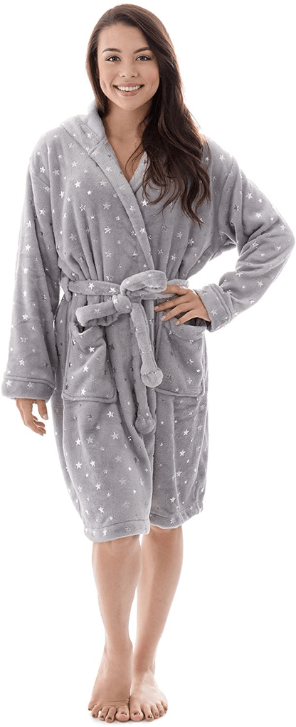 Womens Robe Luxurious Hooded Flannel Fleece Short Bath Robe with Side Pockets Apparel & Accessories > Clothing > Sleepwear & Loungewear > Robes Kylie Max   