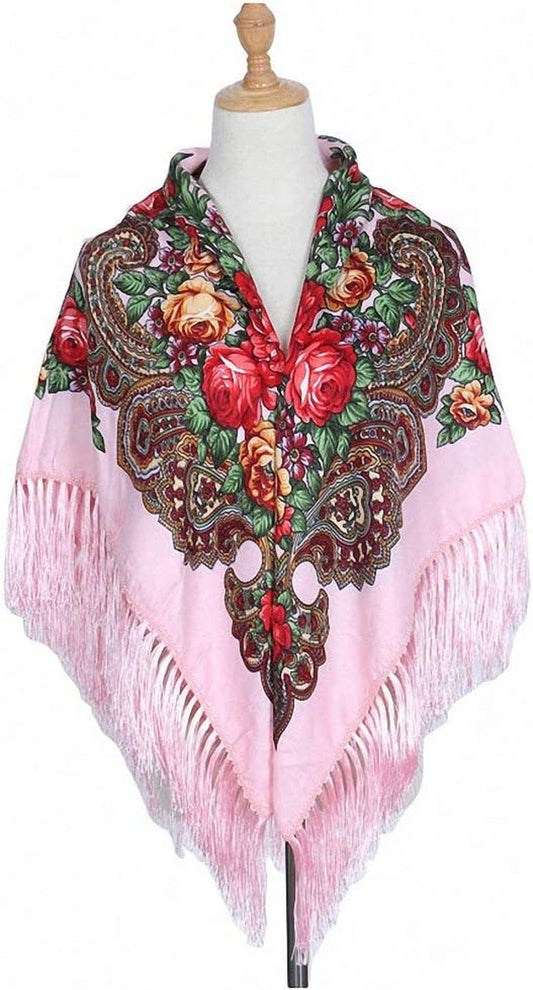 Womens Scarves Russian Big Size Square Cotton Long Tassel Print Shawl Apparel & Accessories > Clothing Accessories > Scarves & Shawls Tinpia Pink 135cmX135cm 