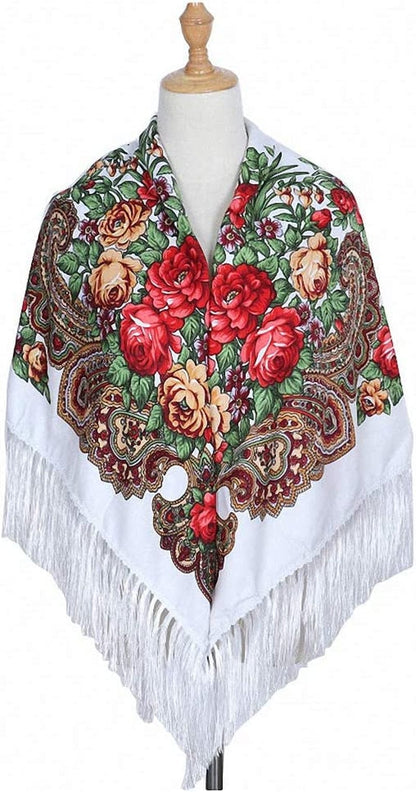 Womens Scarves Russian Big Size Square Cotton Long Tassel Print Shawl Apparel & Accessories > Clothing Accessories > Scarves & Shawls Tinpia White 135cmX135cm 