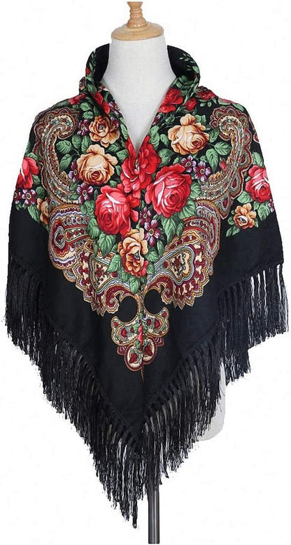 Womens Scarves Russian Big Size Square Cotton Long Tassel Print Shawl Apparel & Accessories > Clothing Accessories > Scarves & Shawls Tinpia Black 135cmX135cm 