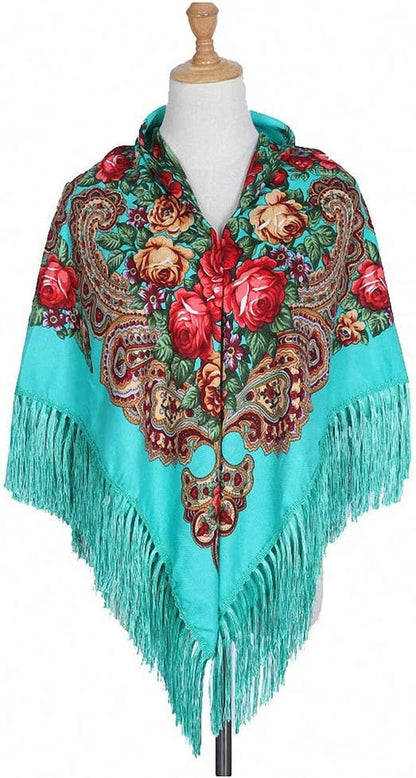 Womens Scarves Russian Big Size Square Cotton Long Tassel Print Shawl Apparel & Accessories > Clothing Accessories > Scarves & Shawls Tinpia Green 135cmX135cm 