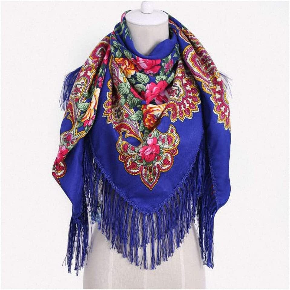 Womens Scarves Russian Big Size Square Cotton Long Tassel Print Shawl Apparel & Accessories > Clothing Accessories > Scarves & Shawls Tinpia Blue 135cmX135cm 