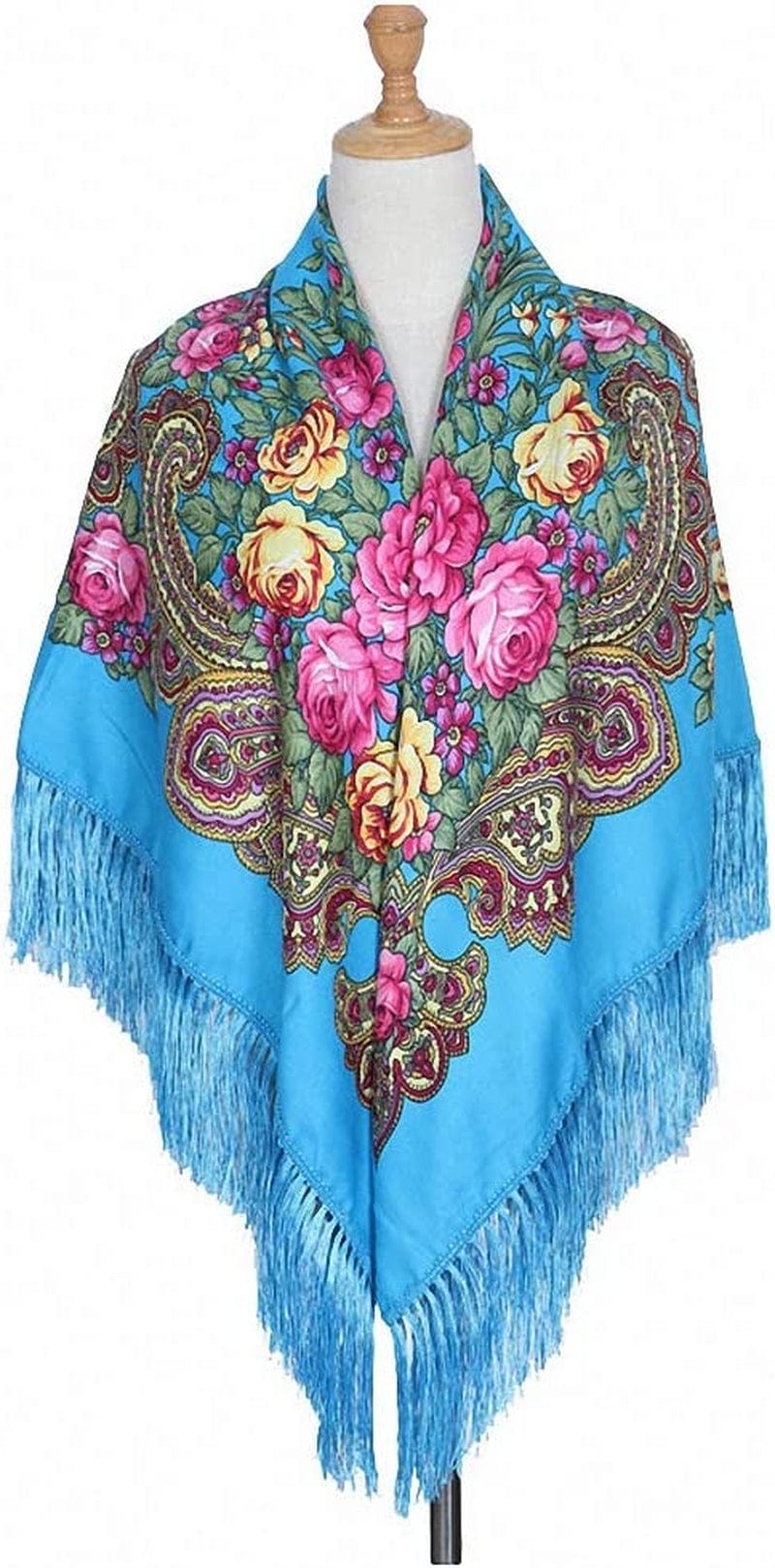 Womens Scarves Russian Big Size Square Cotton Long Tassel Print Shawl Apparel & Accessories > Clothing Accessories > Scarves & Shawls Tinpia Sky Blue 135cmX135cm 