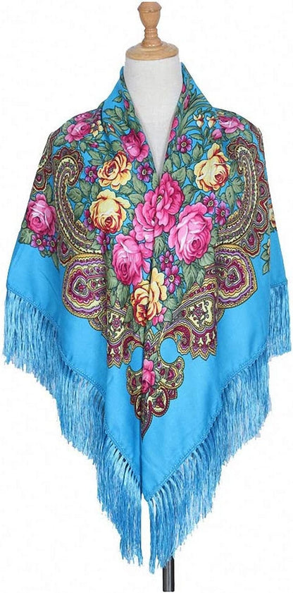 Womens Scarves Russian Big Size Square Cotton Long Tassel Print Shawl Apparel & Accessories > Clothing Accessories > Scarves & Shawls Tinpia Sky Blue 135cmX135cm 