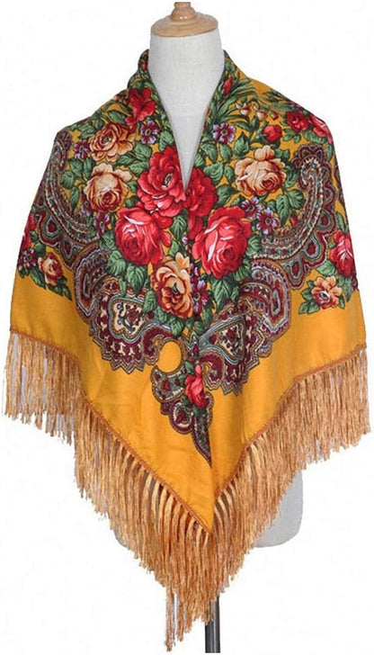 Womens Scarves Russian Big Size Square Cotton Long Tassel Print Shawl Apparel & Accessories > Clothing Accessories > Scarves & Shawls Tinpia Yellow 135cmX135cm 