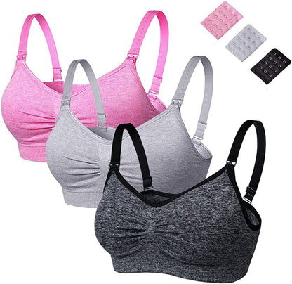 Womens Seamless Nursing Bra Breastfeeding Bra with Remove Bra Pads Extenders 3 Pack(black/Pink/Grey) / Small