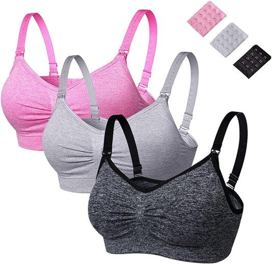 Womens Seamless Nursing Bra Breastfeeding Bra with Remove Bra Pads Extenders 3 Pack(black/Pink/Grey) / Small