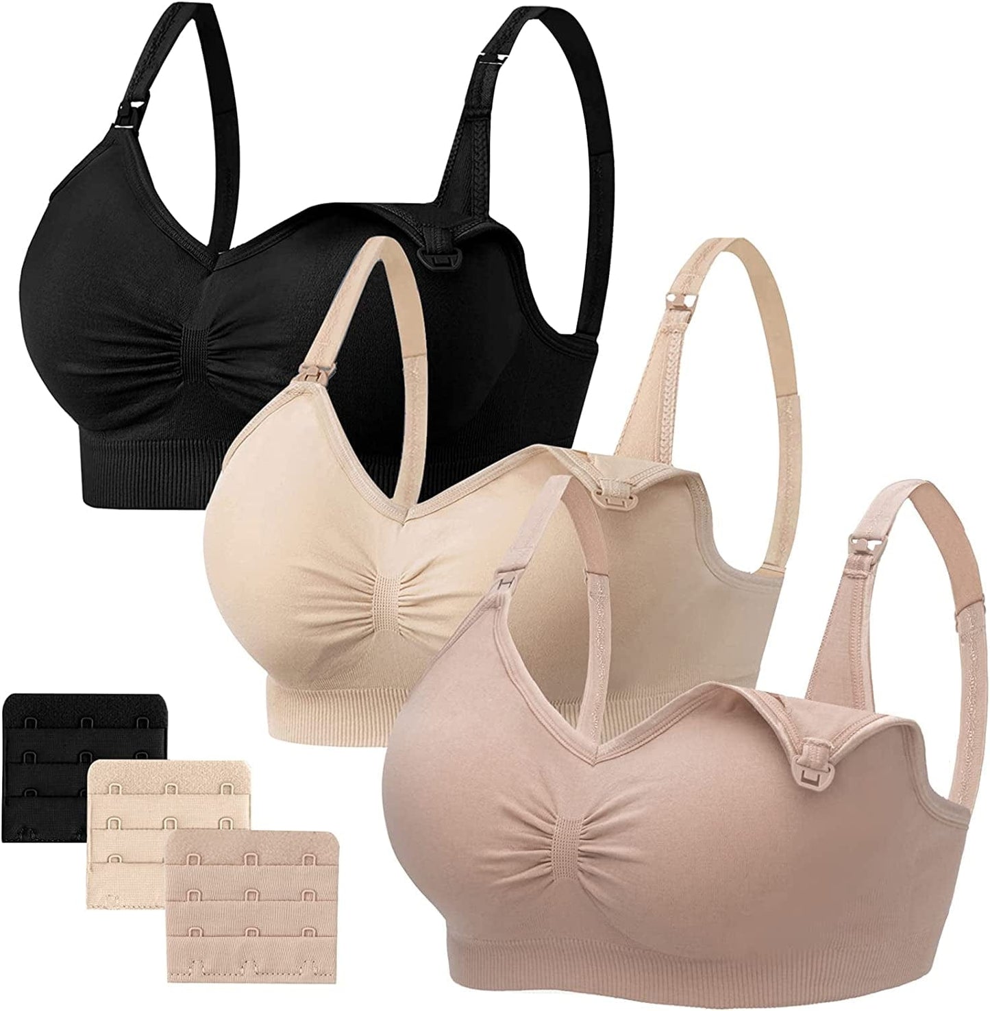 Womens Seamless Sleep Nursing Bra,Breastfeeding Maternity Bra with Remove Bra Pads Extenders Pack of 3 Black/Beige/Lightpink / Small