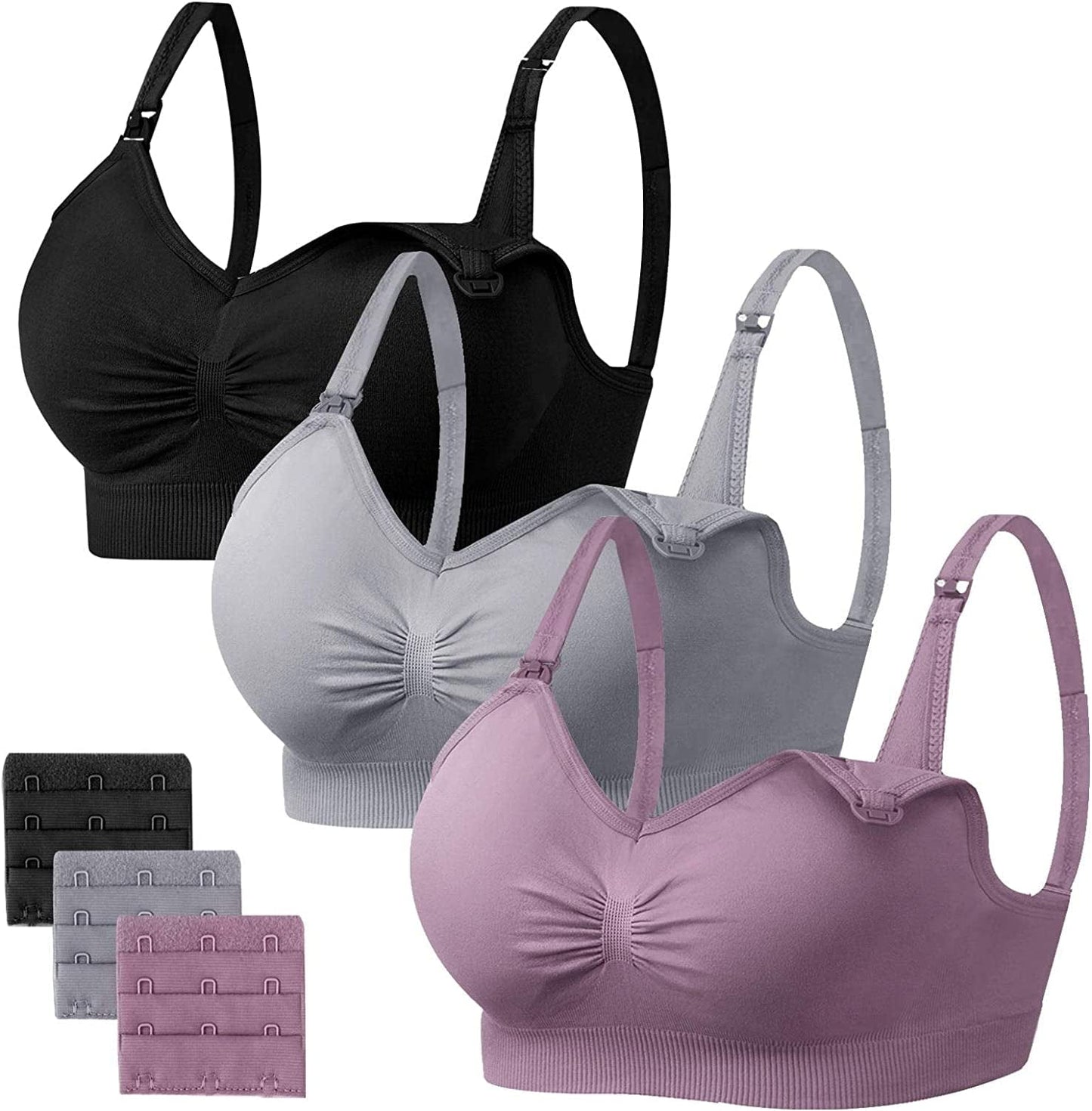 Womens Seamless Sleep Nursing Bra,Breastfeeding Maternity Bra with Remove Bra Pads Extenders Pack of 3 Black/Grey/Purplebean / Medium