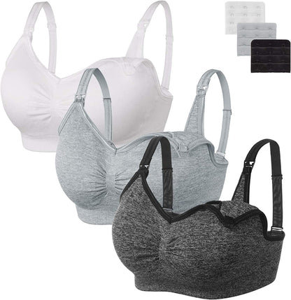 Womens Seamless Sleep Nursing Bra,Breastfeeding Maternity Bra with Remove Bra Pads Extenders Pack of 3 Black/White/Grey / X-Large