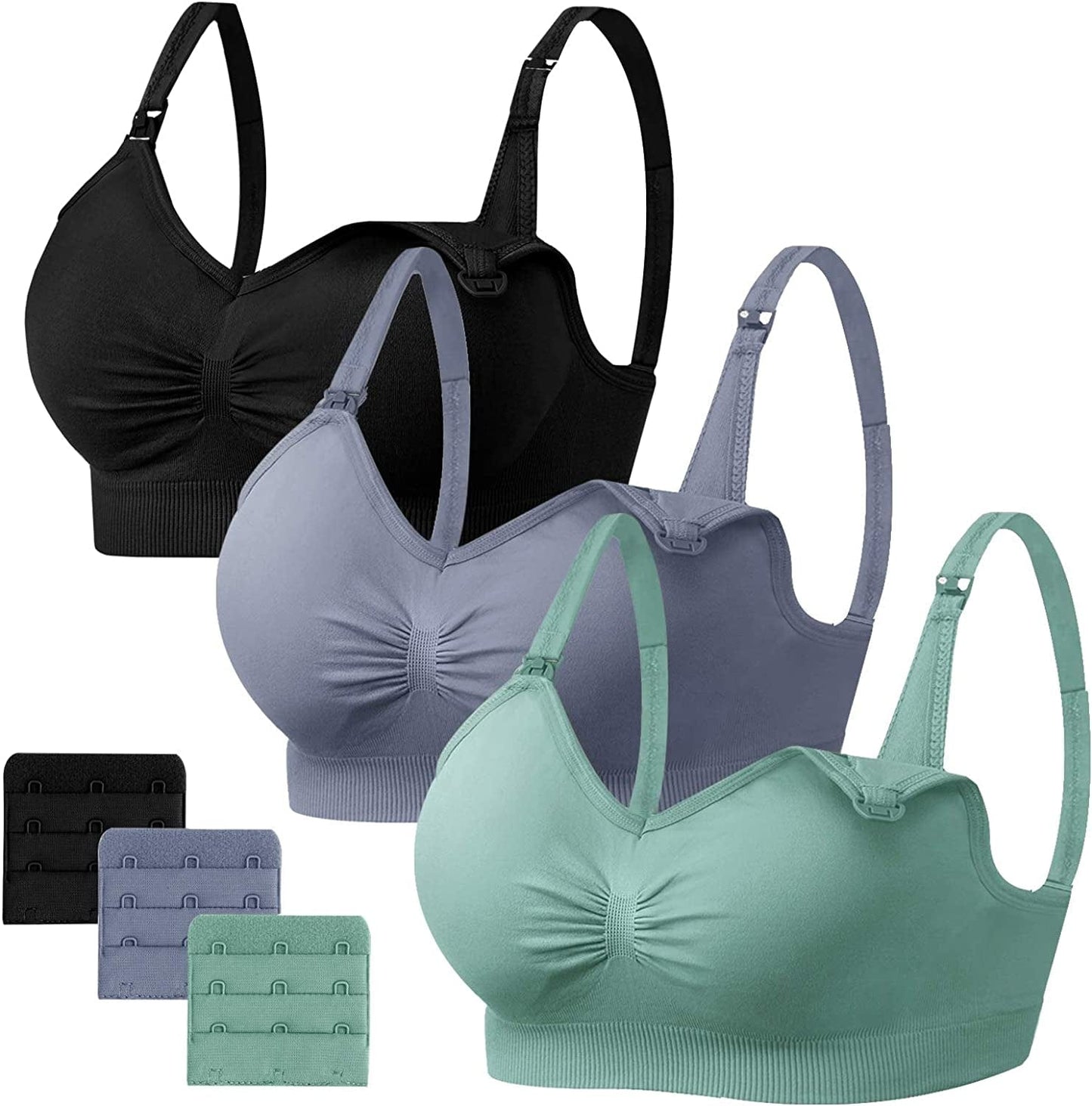 Womens Seamless Sleep Nursing Bra,Breastfeeding Maternity Bra with Remove Bra Pads Extenders Pack of 3 Black/Blue/Green / Large