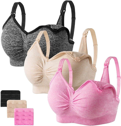Womens Seamless Sleep Nursing Bra,Breastfeeding Maternity Bra with Remove Bra Pads Extenders Pack of 3 Black/Nude/Pink / Small