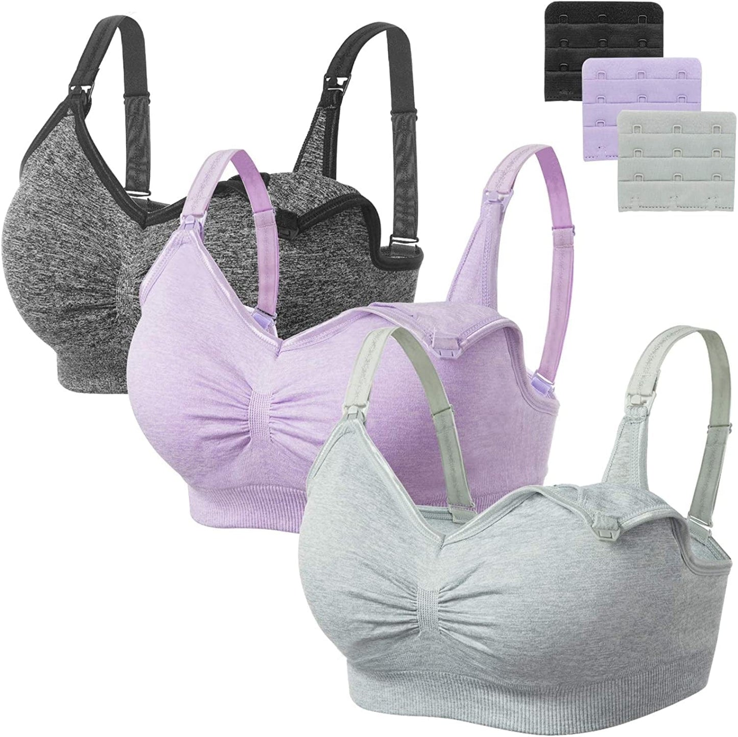 Womens Seamless Sleep Nursing Bra,Breastfeeding Maternity Bra with Remove Bra Pads Extenders Pack of 3 Black/Purple/Grey / XX-Large