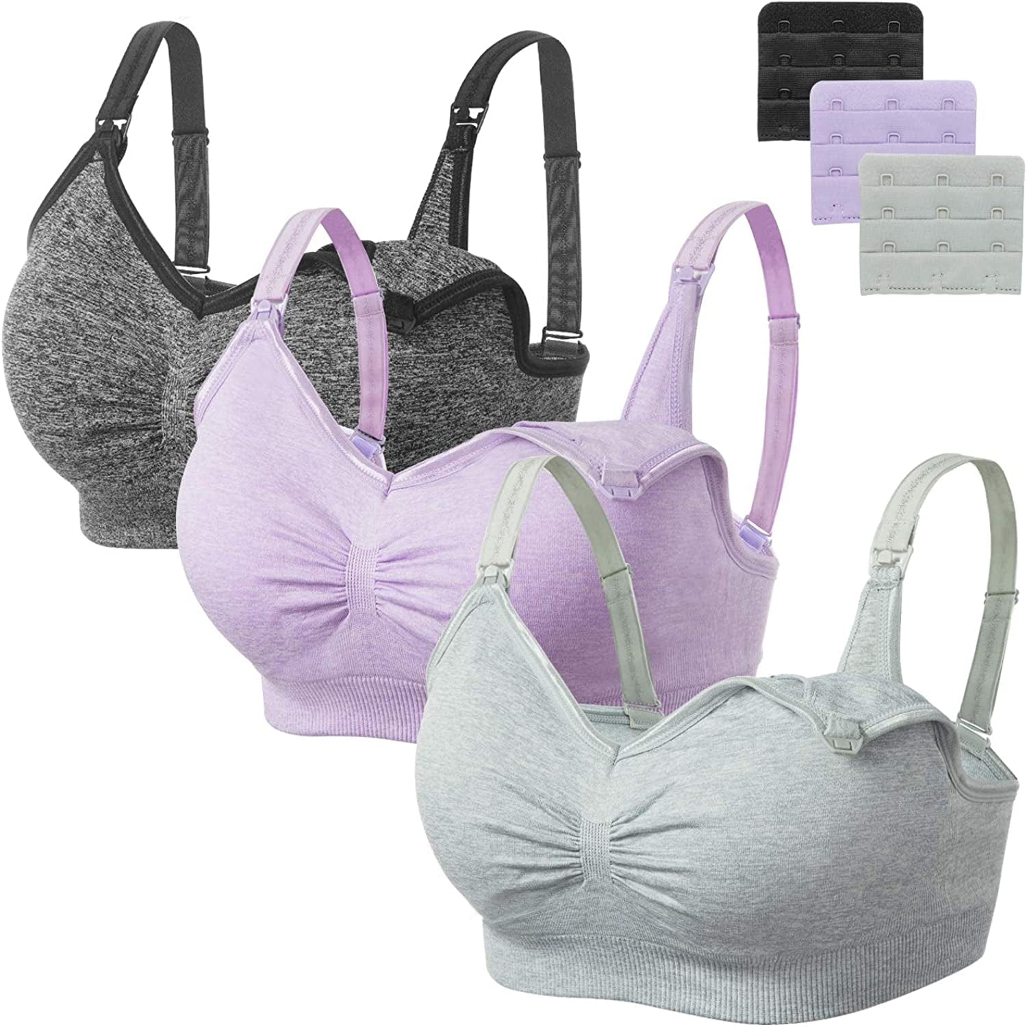 Womens Seamless Sleep Nursing Bra,Breastfeeding Maternity Bra with Remove Bra Pads Extenders Pack of 3 Black/Purple/Grey / XX-Large