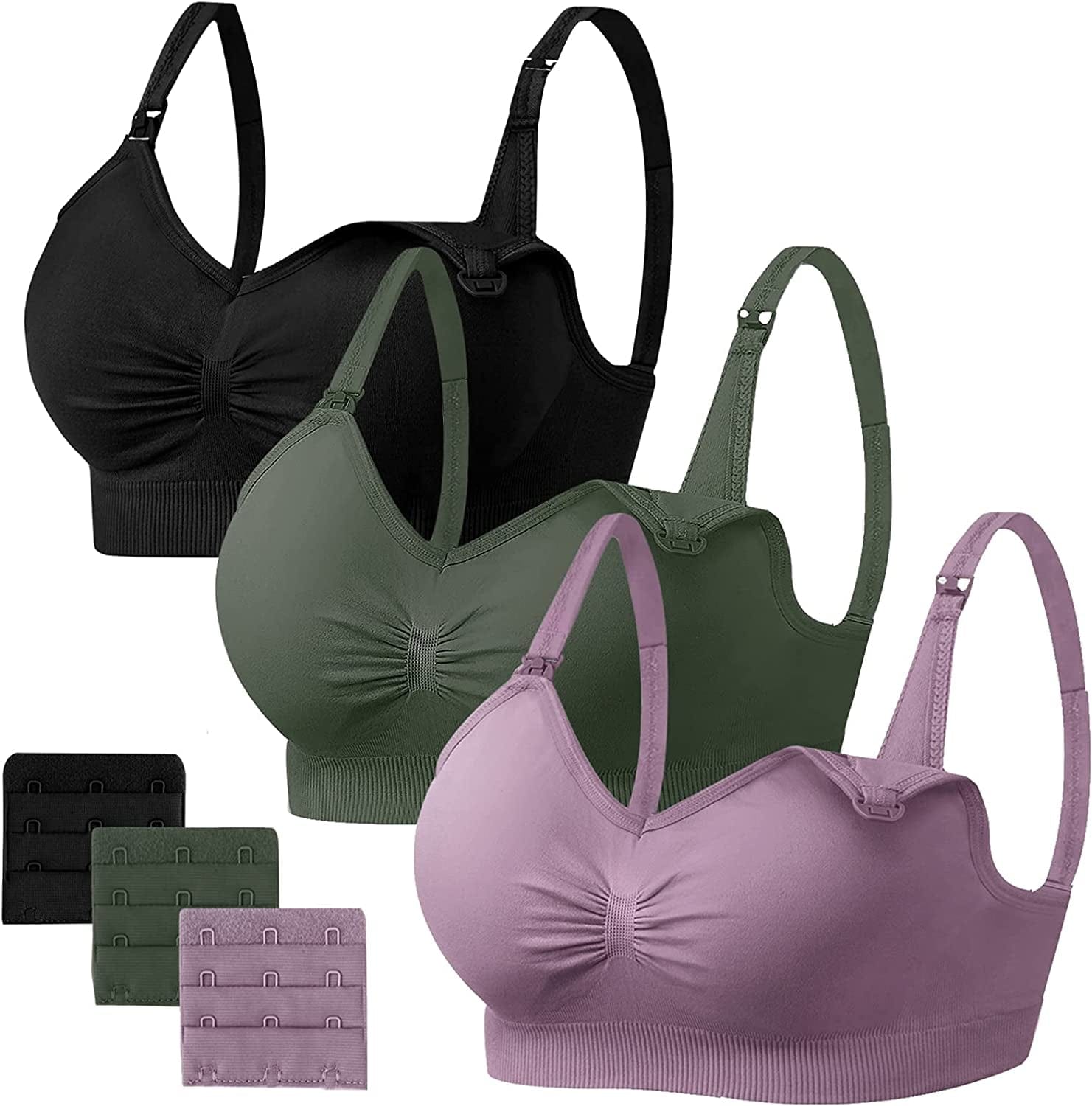 Womens Seamless Sleep Nursing Bra,Breastfeeding Maternity Bra with Remove Bra Pads Extenders Pack of 3 Black/Green/Purplebean / Large