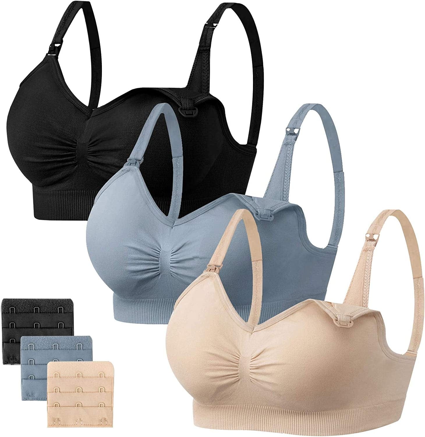Womens Seamless Sleep Nursing Bra,Breastfeeding Maternity Bra with Remove Bra Pads Extenders Pack of 3 Black/Blue/Beige / X-Large