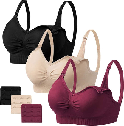 Womens Seamless Sleep Nursing Bra,Breastfeeding Maternity Bra with Remove Bra Pads Extenders Pack of 3 Black/Beige/Wine Red / X-Large
