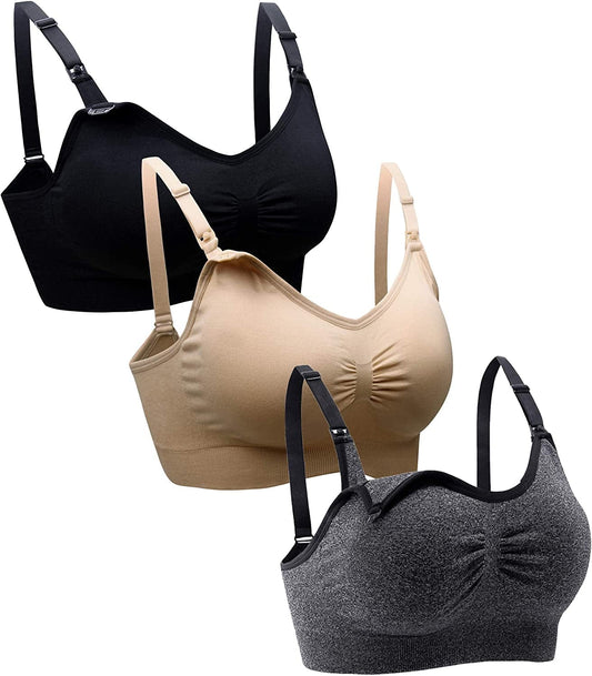 Womens Seamless Sleep Nursing Bra for Breastfeeding Clip down Maternity Bras Pack of 3 Blackbgreybeige / Large