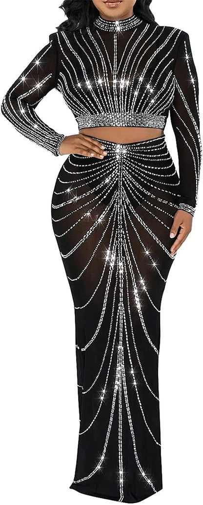 Womens Sexy 2 Pieces Mesh Rhinestone Crop Tops Shirts Bodycon Pants Party Clubwear Tracksuit Outfits Set Black-4 / XX-Large