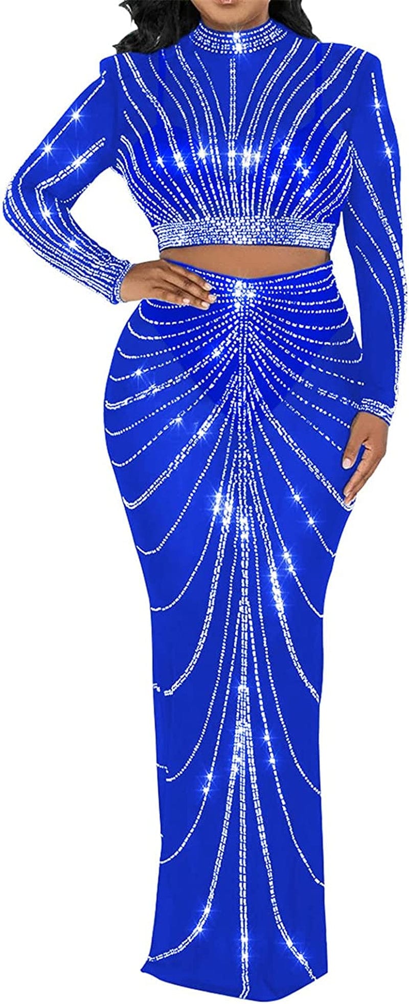 Womens Sexy 2 Pieces Mesh Rhinestone Crop Tops Shirts Bodycon Pants Party Clubwear Tracksuit Outfits Set Blue-4 / X-Large