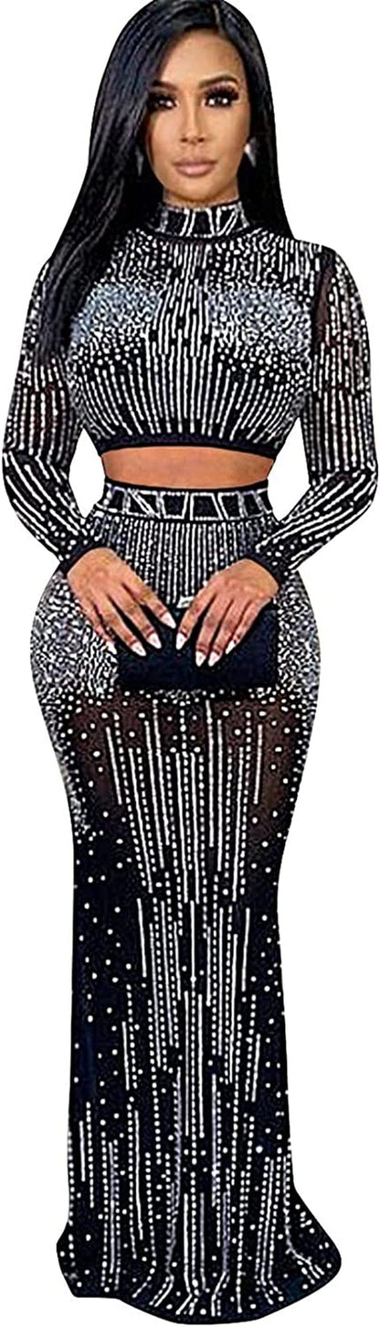 Womens Sexy 2 Pieces Mesh Rhinestone Crop Tops Shirts Bodycon Pants Party Clubwear Tracksuit Outfits Set Dress Black / X-Large