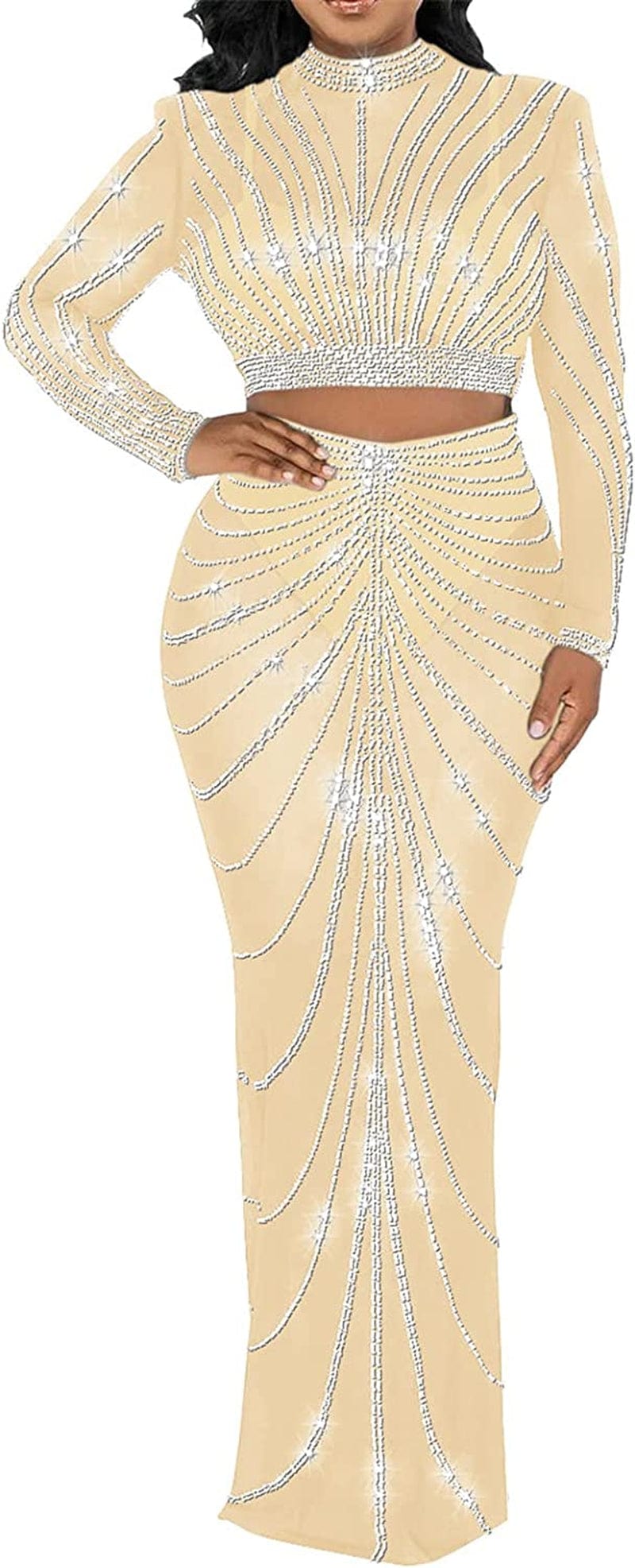 Womens Sexy 2 Pieces Mesh Rhinestone Crop Tops Shirts Bodycon Pants Party Clubwear Tracksuit Outfits Set Apricot-4 / X-Large