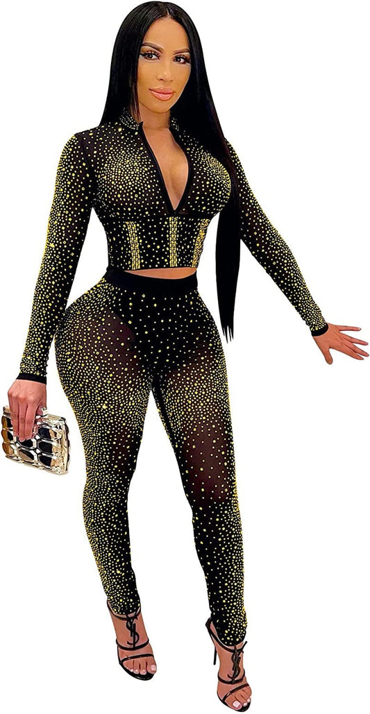 Womens Sexy 2 Pieces Mesh Rhinestone Crop Tops Shirts Bodycon Pants Party Clubwear Tracksuit Outfits Set Golden / X-Large