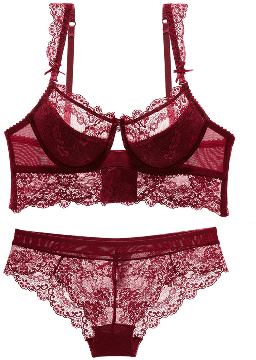 Womens Sexy Embroidery Lace Plunge Push up Bra Set Underwear and Panties Set Apparel & Accessories > Clothing > Underwear & Socks > Lingerie Purplegrape   