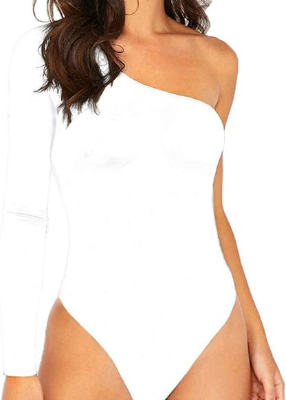 Womens Sexy One Shoulder Long Sleeve Bodysuit Tops Scoop Neck Jumpsuits A-white / Large