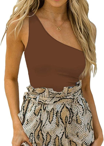 Womens Sexy One Shoulder Long Sleeve Bodysuit Tops Scoop Neck Jumpsuits B-brown / Small