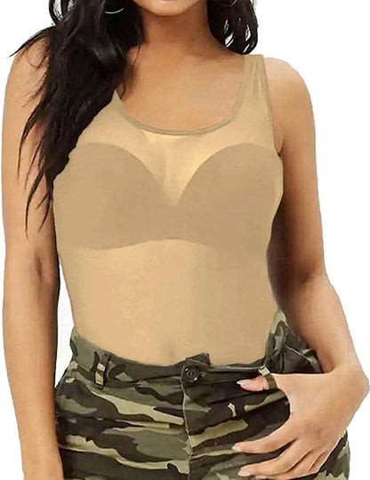 Womens Sheer Mesh Tank Tops, See through Scoop Neck Blouses, Sleeveless Sexy Tops Nude / X-Large