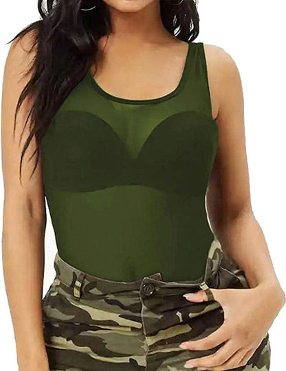 Womens Sheer Mesh Tank Tops, See through Scoop Neck Blouses, Sleeveless Sexy Tops Blackish Green / Small