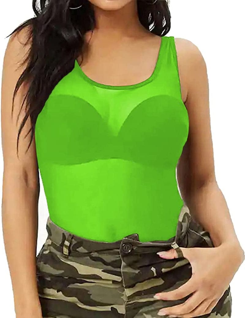 Womens Sheer Mesh Tank Tops, See through Scoop Neck Blouses, Sleeveless Sexy Tops Fluorescentgreen / X-Large