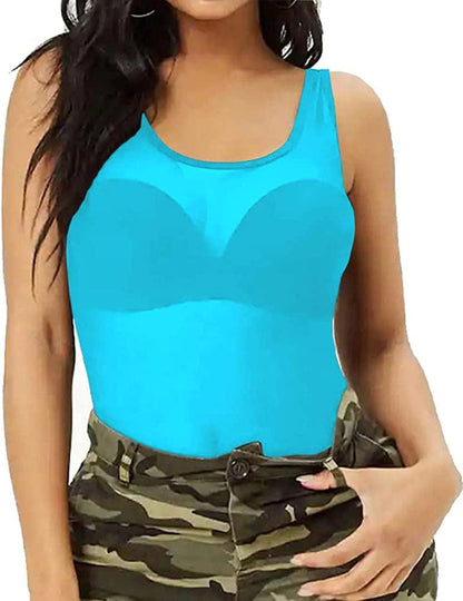 Womens Sheer Mesh Tank Tops, See through Scoop Neck Blouses, Sleeveless Sexy Tops Wathet / Large
