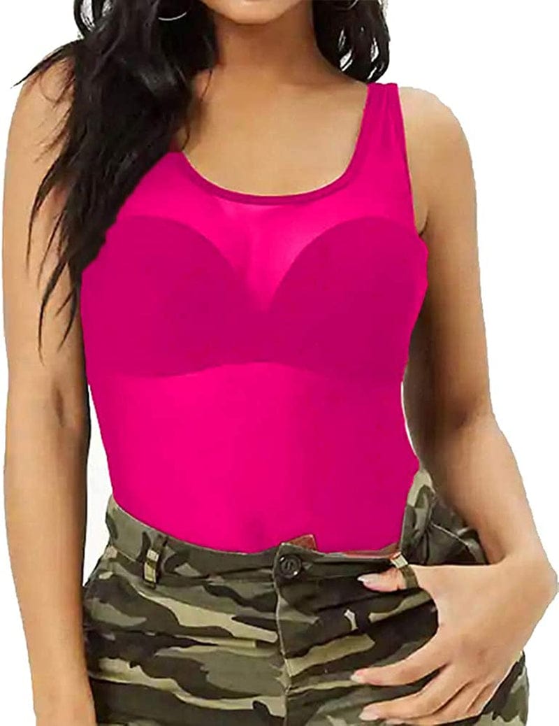 Womens Sheer Mesh Tank Tops, See through Scoop Neck Blouses, Sleeveless Sexy Tops Rose Red / X-Large