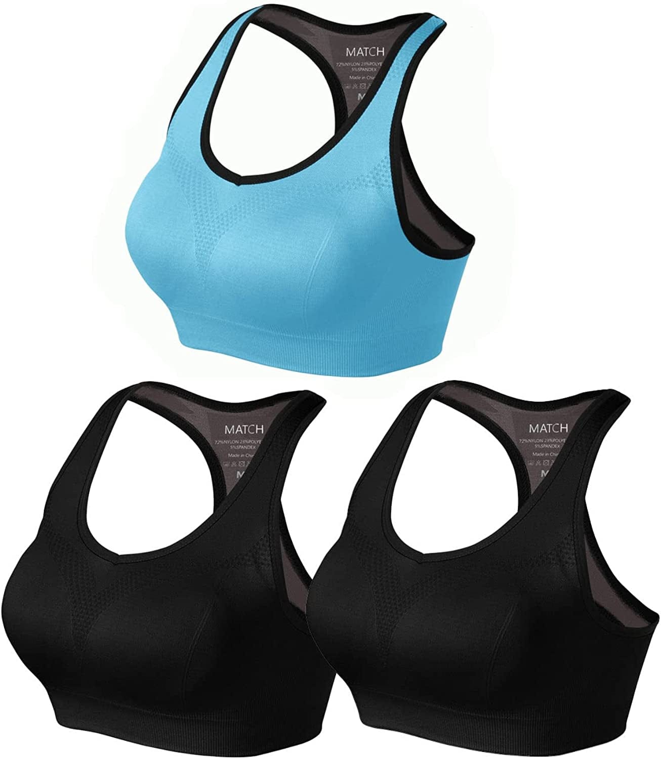 Womens Sports Bra Wirefree Seamless Padded Racerback Yoga Bra for Workout Gym Activewear with Removable Pads #0001 1 Pack of 3(black-black-blue) / X-Large