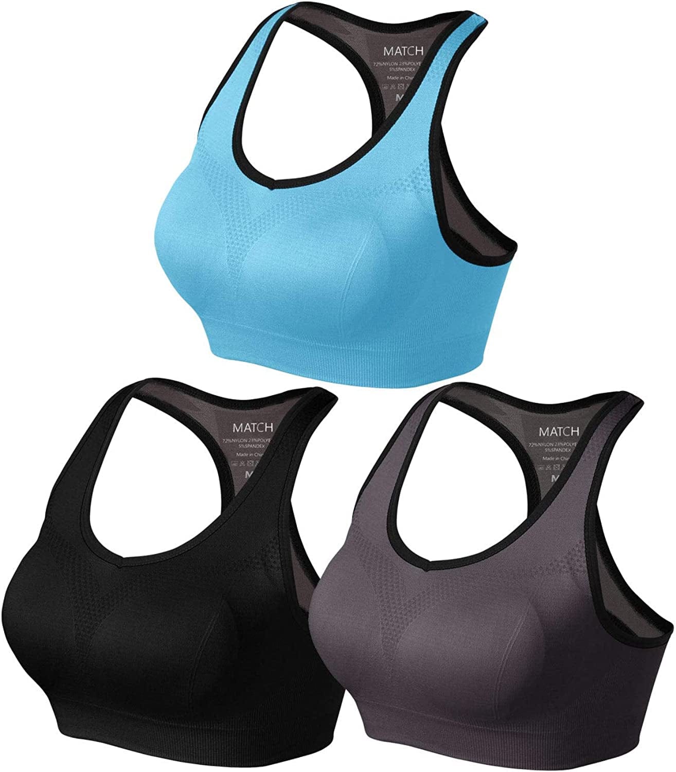 Womens Sports Bra Wirefree Seamless Padded Racerback Yoga Bra for Workout Gym Activewear with Removable Pads #0001 1 Pack of 3(black-gray-blue) / Small