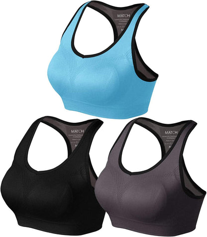 Womens Sports Bra Wirefree Seamless Padded Racerback Yoga Bra for Workout Gym Activewear with Removable Pads #0001 1 Pack of 3(black-gray-blue) / Small