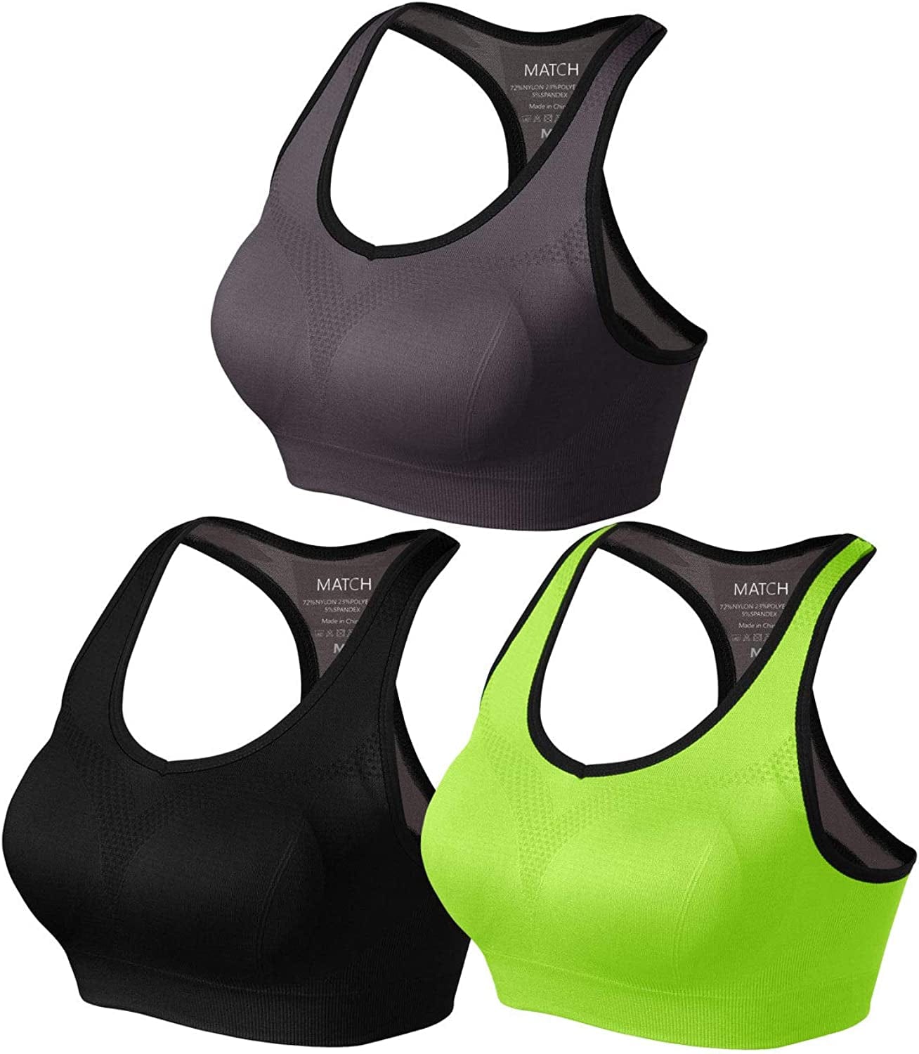 Womens Sports Bra Wirefree Seamless Padded Racerback Yoga Bra for Workout Gym Activewear with Removable Pads #0001 1 Pack of 3(black-green-gray) / Small