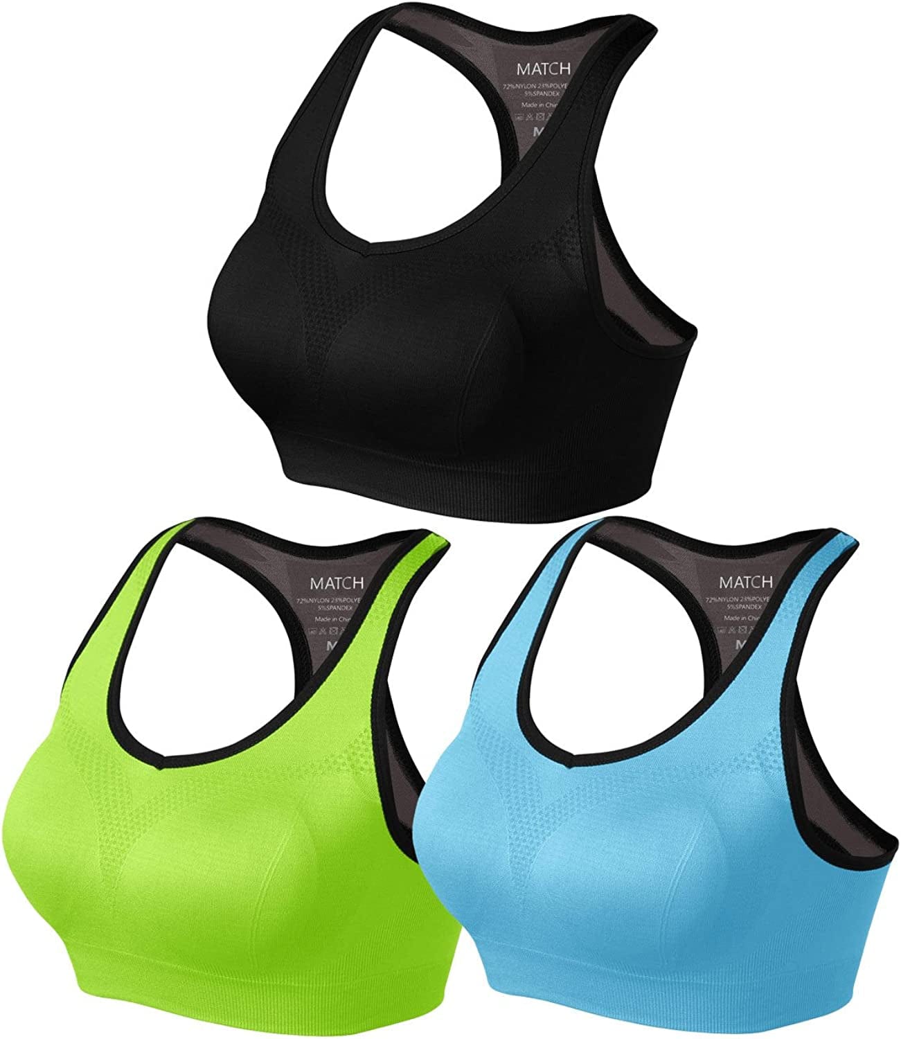 Womens Sports Bra Wirefree Seamless Padded Racerback Yoga Bra for Workout Gym Activewear with Removable Pads #0001 1 Pack of 3(black-green-blue) / Large