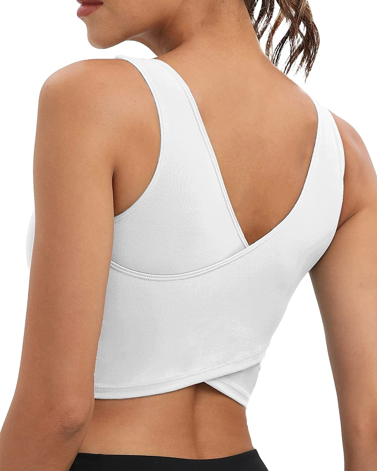 Womens Sports Bra Workout Top Bras - Longline Yoga Sports Bra for Women Sexy V Neck Padded Hollow Cross Back Crop Tops B_white / X-Small