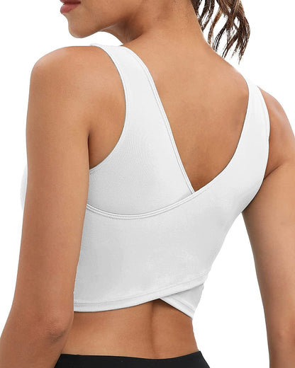 Womens Sports Bra Workout Top Bras - Longline Yoga Sports Bra for Women Sexy V Neck Padded Hollow Cross Back Crop Tops B_white / X-Small