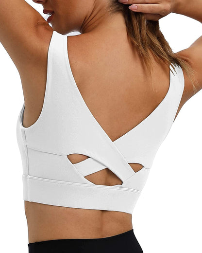 Womens Sports Bra Workout Top Bras - Longline Yoga Sports Bra for Women Sexy V Neck Padded Hollow Cross Back Crop Tops White / X-Small