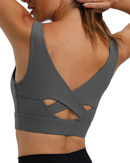 Womens Sports Bra Workout Top Bras - Longline Yoga Sports Bra for Women Sexy V Neck Padded Hollow Cross Back Crop Tops Grey / X-Small