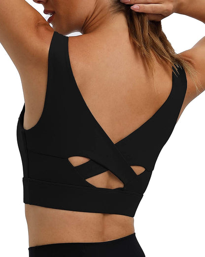 Womens Sports Bra Workout Top Bras - Longline Yoga Sports Bra for Women Sexy V Neck Padded Hollow Cross Back Crop Tops Black / X-Small