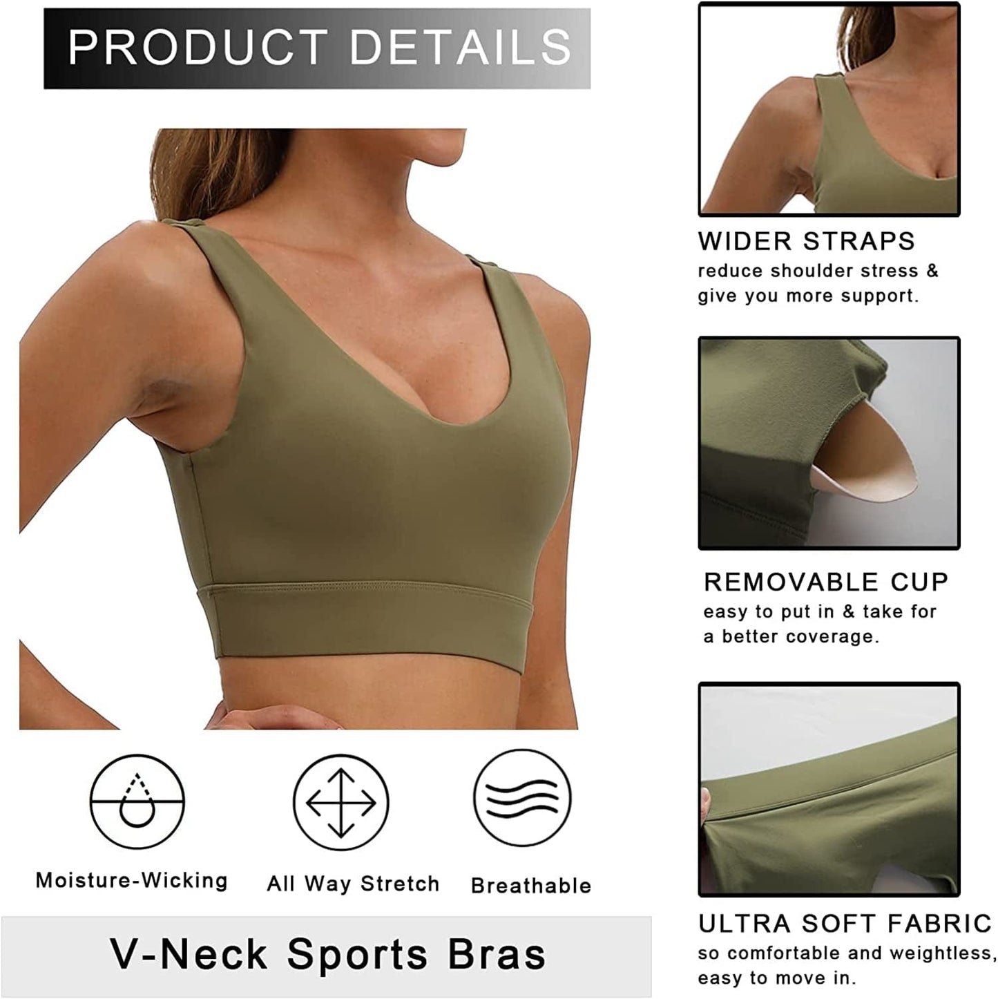 Womens Sports Bra Workout Top Bras - Longline Yoga Sports Bra for Women Sexy V Neck Padded Hollow Cross Back Crop Tops
