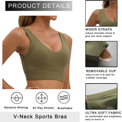 Womens Sports Bra Workout Top Bras - Longline Yoga Sports Bra for Women Sexy V Neck Padded Hollow Cross Back Crop Tops