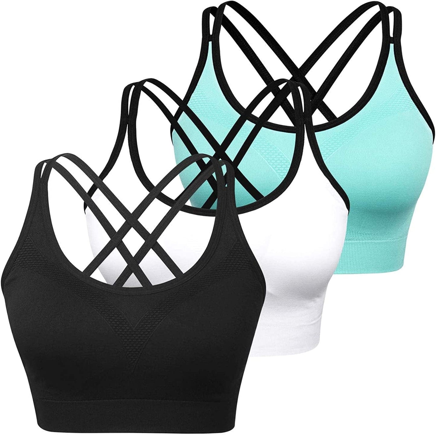 Womens Sports Bras - Cross Back Padded Wirefree Comfort Workout Bras for Yoga Fitness 3 Pack B 3 Pack(black/White/Blue) / XX-Large