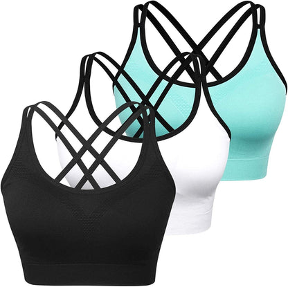 Womens Sports Bras - Cross Back Padded Wirefree Comfort Workout Bras for Yoga Fitness 3 Pack B 3 Pack(black/White/Blue) / XX-Large